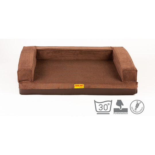 Orthopedic bed, 5 sizes, padded edge 10cm high memory foam brown velour/brown faux leather